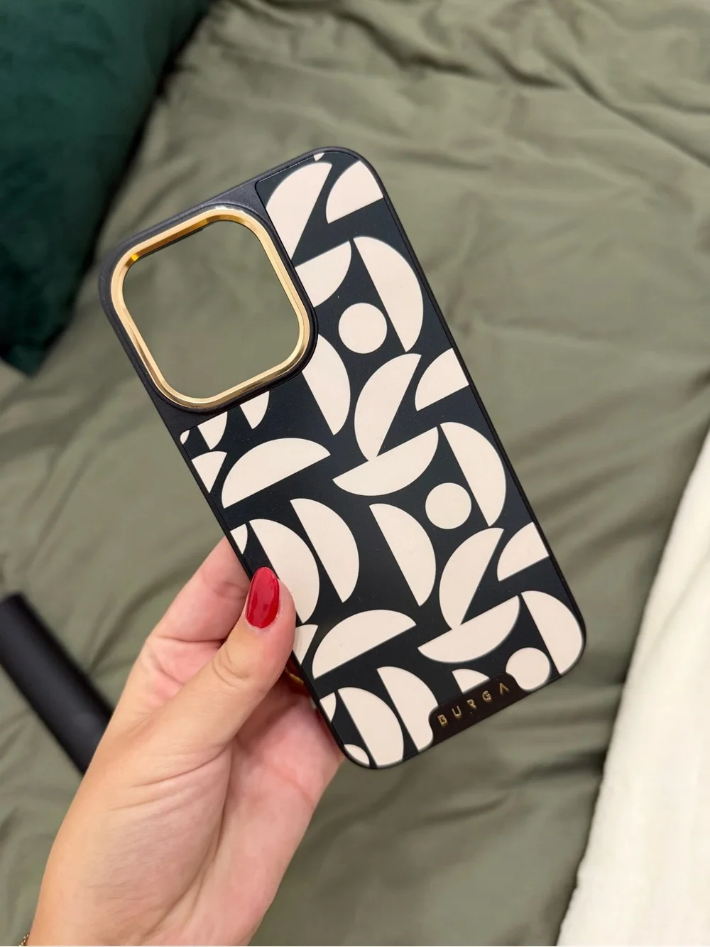 Burga green & Cream Geometric iPhone 15 Pro Max Case with Gold Camera Trim